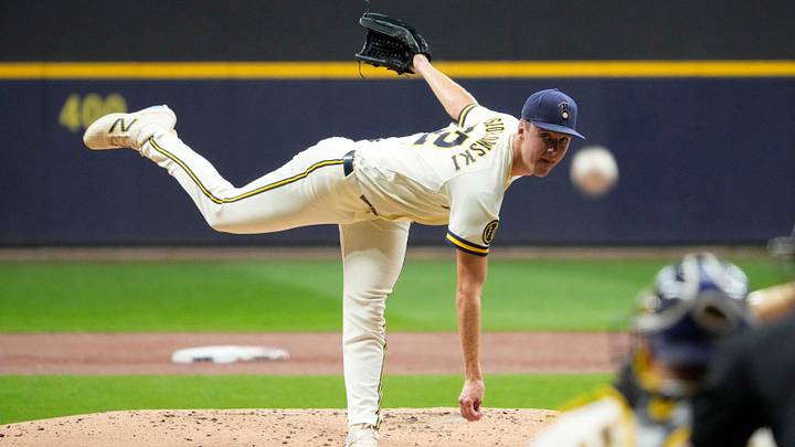 Sep 8, 2026; Milwaukee, Wisconsin, USA;  Milwaukee Brewers pitcher Jacob Misiorowski (32) delivers a pitch against the Chicago Cubs in the second inning at American Family Field.  Mandatory Credit: Michael McLoone-Imagn Images