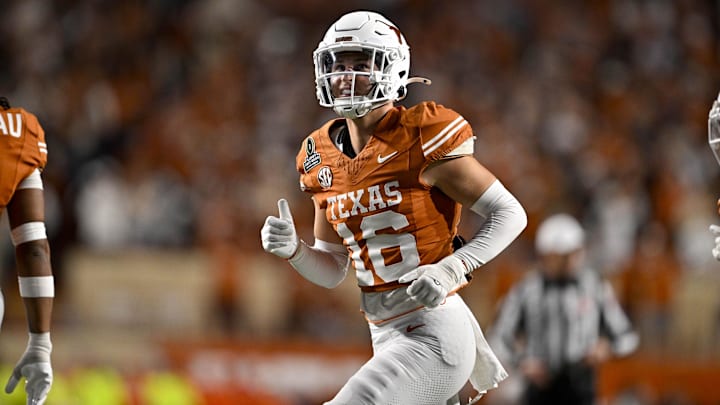 Dec 21, 2024; Austin, Texas, USA; Texas Longhorns defensive back Michael Taaffe (16) in action during the game between the Texas Longhorns and the Clemson Tigers in the CFP National Playoff First Round at Darrell K Royal-Texas Memorial Stadium. Mandatory Credit: Jerome Miron-Imagn Images