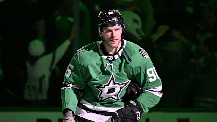 Nov 4, 2025; Dallas, Texas, USA; Dallas Stars right wing Mikko Rantanen (96) skates off the ice after the Stars defeat the Edmonton Oilers at the American Airlines Center. Mandatory Credit: Jerome Miron-Imagn Images