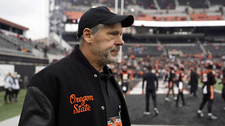 Oct 14, 2023; Corvallis, Oregon, USA; Oregon State athletic director Scott Barnes walks to the field before the game against the UCLA Bruins at Reser Stadium. Mandatory Credit: Soobum Im-Imagn Images Oct 14, 2023; Corvallis, Oregon, USA; Oregon State athletic director Scott Barnes walks to the field before the game against the UCLA Bruins at Reser Stadium. Mandatory Credit: Soobum Im-Imagn Images