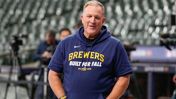 Oct 14, 2025; Milwaukee, Wisconsin, USA; Milwaukee Brewers manager Pat Murphy (49) looks on during batting practice prior to game two of the NLCS round against the Los Angeles Dodgers for the 2025 MLB playoffs at American Family Field. Mandatory Credit: Michael McLoone-Imagn Images