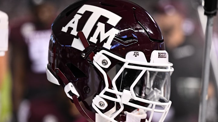 Sep 2, 2023; College Station, Texas, USA; A detailed view of a Texas A&M Aggies helmet on the
