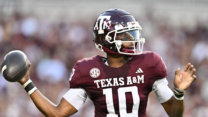 Sep 21, 2024; College Station, Texas, USA; Texas A&M Aggies quarterback Marcel Reed (10) looks to pass the ball during the first quarter against the Bowling Green Falcons at Kyle Field. Mandatory Credit: Maria Lysaker-Imagn Images.