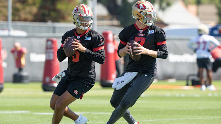 San Francisco 49ers quarterback Trey Lance (5) and quarterback Nate Sudfeld (7)