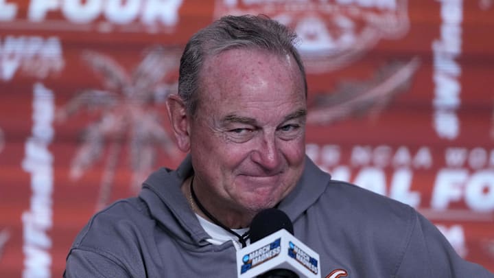 Apr 3, 2025; Tampa, FL, USA; Texas Longhorns coach Vic Schaefer reacts during a press conference at Amalie Arena. Mandatory Credit: Kirby Lee-Imagn Images