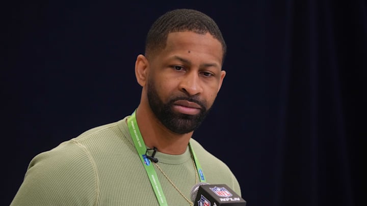 Feb 25, 2025; Indianapolis, IN, USA; Cleveland Browns general manager Andrew Berry speaks during the NFL Scouting Combine at the Indiana Convention Center. 