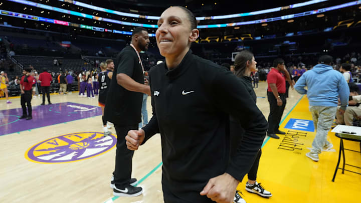 Sep 17, 2024; Los Angeles, California, USA; Phoenix Mercury guard Diana Taurasi (3) reacts after the game against the LA Sparks at Crypto.com Arena. Mandatory Credit: Kirby Lee-Imagn Images