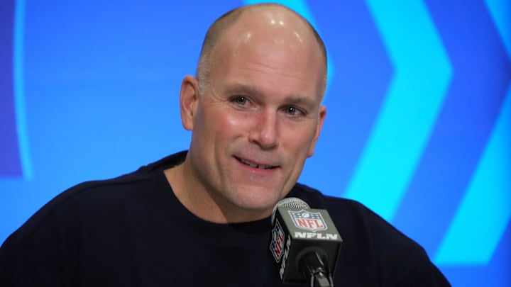 Feb 27, 2024; Indianapolis, IN, USA; Baltimore Ravens general manager Eric DeCosta speaks during a