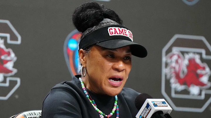 Apr 6, 2024; Cleveland, OH, USA; South Carolina Gamecocks coach Dawn Staley speaks to media during a press conference at Rocket Mortgage FieldHouse. Mandatory Credit: Kirby Lee-Imagn Images Apr 6, 2024; Cleveland, OH, USA; South Carolina Gamecocks coach Dawn Staley speaks to media during a press conference at Rocket Mortgage FieldHouse. Mandatory Credit: Kirby Lee-Imagn Images