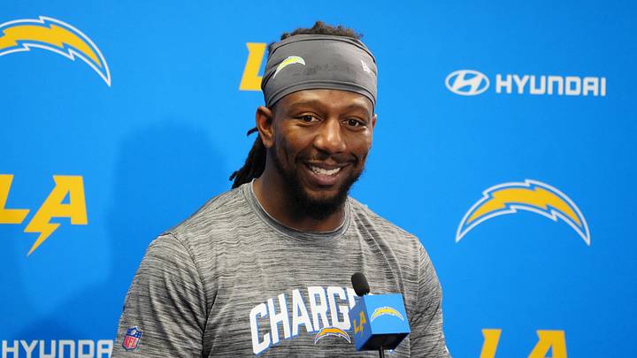 May 29, 2024; Costa Mesa, CA, USA; Los Angeles Chargers linebacker Bud Dupree at press conference during organized team activities at Hoag Performance Center. Mandatory Credit: Kirby Lee-USA TODAY Sports