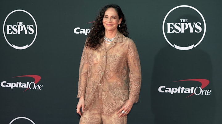 Jul 12, 2023; Los Angeles, CA, USA; Former WNBA player Sue Bird arrives on the red carpet before the 2023 ESPYS at the Dolby Theatre. Mandatory Credit: Kirby Lee-Imagn Images