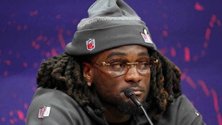 Feb 5, 2024; Las Vegas, NV, USA; San Francisco 49ers wide receiver Brandon Aiyuk (11) talks to the media during Super Bowl LVIII Opening Night at Allegiant Stadium. Mandatory Credit: Lucas Peltier-USA TODAY Sports Feb 5, 2024; Las Vegas, NV, USA; San Francisco 49ers wide receiver Brandon Aiyuk (11) talks to the media during Super Bowl LVIII Opening Night at Allegiant Stadium. Mandatory Credit: Lucas Peltier-USA TODAY Sports