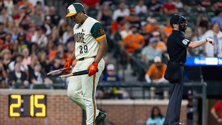 Jun 26, 2026; Baltimore, Maryland, USA; Baltimore Orioles catcher Samuel Basallo (29) breaks bat after striking out in seventh inning at Oriole Park at Camden Yards. Mandatory Credit: Lexi Thompson-Imagn Images Jun 26, 2026; Baltimore, Maryland, USA; Baltimore Orioles catcher Samuel Basallo (29) breaks bat after striking out in seventh inning at Oriole Park at Camden Yards. Mandatory Credit: Lexi Thompson-Imagn Images