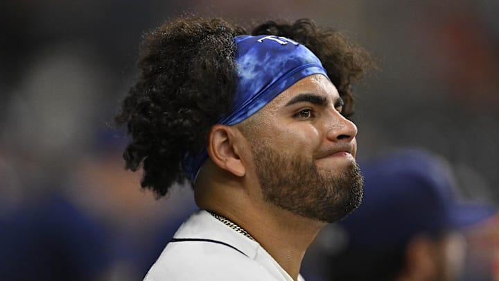 Apr 21, 2026; St. Petersburg, Florida, USA; Tampa Bay Rays infielder Jonathan Aranda (8) reacts during the eighth inning against Cincinnati Reds at Tropicana Field. Mandatory Credit: Pablo Robles-Imagn Images