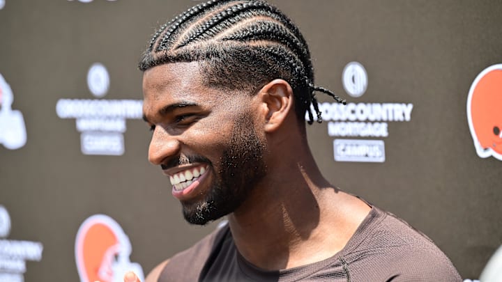 Jun 10, 2025; Berea, OH, USA; Cleveland Browns quarterback Shedeur Sanders (12) talk to the media during minicamp at CrossCountry Mortgage Campus. Mandatory Credit: Ken Blaze-Imagn Images