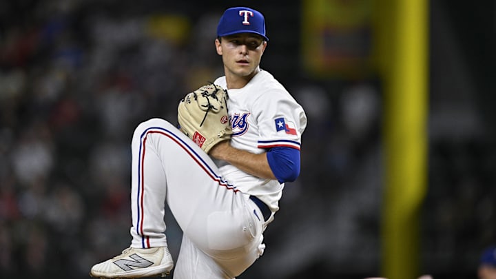 Sep 2, 2024; Arlington, Texas, USA; Texas Rangers starting pitcher Jack Leiter (35) pitches against the New York Yankees during the first inning at Globe Life Field.