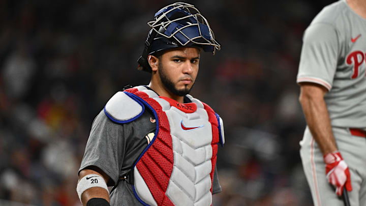 Sep 27, 2024; Washington, District of Columbia, USA;  Washington Nationals catcher Keibert Ruiz (20) looks to the dugout during the second inning against the Philadelphia Phillies at Nationals Park.