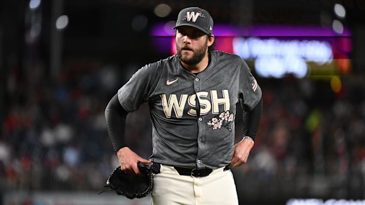 Sep 27, 2024; Washington, District of Columbia, USA;  Washington Nationals pitcher Trevor Williams (32) walks to the dugout after the second inning against the Philadelphia Phillies at Nationals Park.