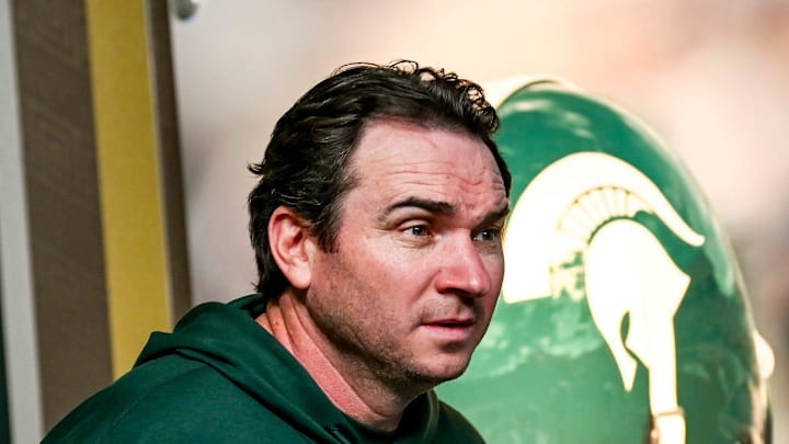 Michigan State coach Jonathan Smith takes the podium before talking to the media on the first national signing day for college football recruits Wednesday, Dec. 20, 2023, at Spartan Stadium in East Lansing. Michigan State coach Jonathan Smith takes the podium before talking to the media on the first national signing day for college football recruits Wednesday, Dec. 20, 2023, at Spartan Stadium in East Lansing.