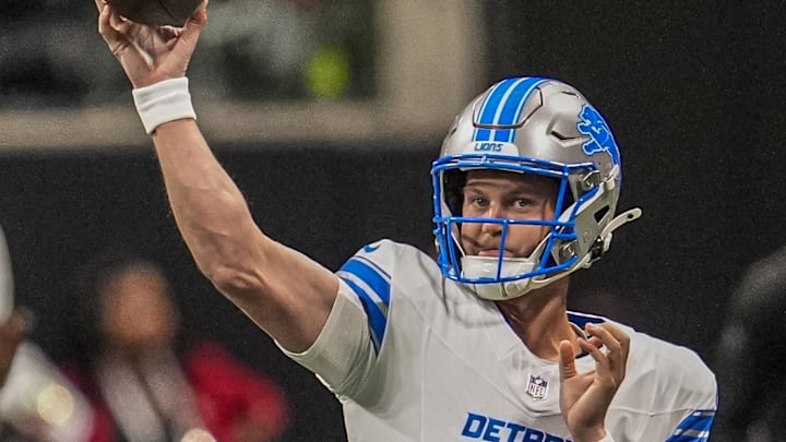 Aug 8, 2025; Atlanta, Georgia, USA; Detroit Lions quarterback Kyle Allen (8) warms up on the field prior to the game against the Atlanta Falcons at Mercedes-Benz Stadium. Mandatory Credit: Dale Zanine-Imagn Images