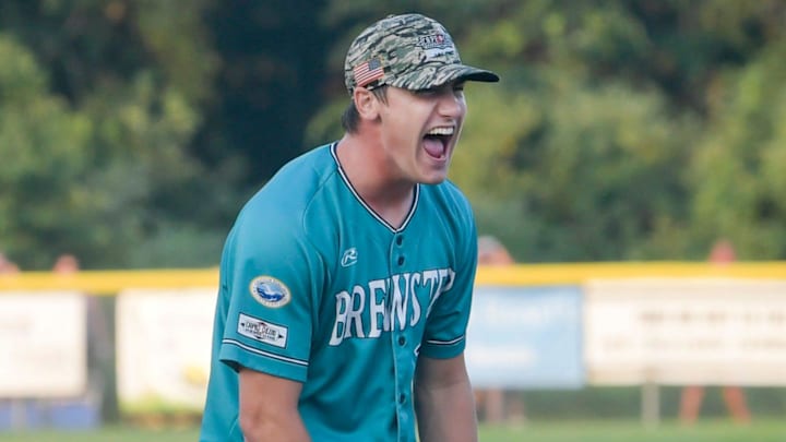 Brewster Whitecaps pitcher Teddy McGraw celebrates during a Cape Cod League game against the Bourne Braves on Aug. 11, 2021.
