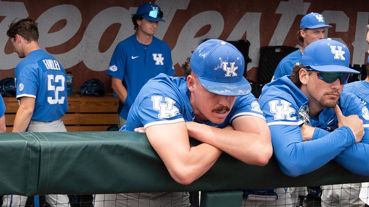 Jun 19, 2024; Omaha, NE, USA; Kentucky Wildcats pitcher Cameron O'Brien (10) and first baseman Ryan Nicholson (25) look over the field after the loss against the Florida Gators at Charles Schwab Field Omaha. Mandatory Credit: Steven Branscombe-Imagn Images Jun 19, 2024; Omaha, NE, USA; Kentucky Wildcats pitcher Cameron O'Brien (10) and first baseman Ryan Nicholson (25) look over the field after the loss against the Florida Gators at Charles Schwab Field Omaha. Mandatory Credit: Steven Branscombe-Imagn Images