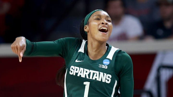 Michigan State's Rashunda Jones (1) celebrates a 3-point basket during a second-round game in the NCAA women's basketball tournament between the Oklahoma Sooners and Michigan State Spartans at Lloyd Noble Center in Norman, Okla., Sunday March 22, 2026. Michigan State's Rashunda Jones (1) celebrates a 3-point basket during a second-round game in the NCAA women's basketball tournament between the Oklahoma Sooners and Michigan State Spartans at Lloyd Noble Center in Norman, Okla., Sunday March 22, 2026.