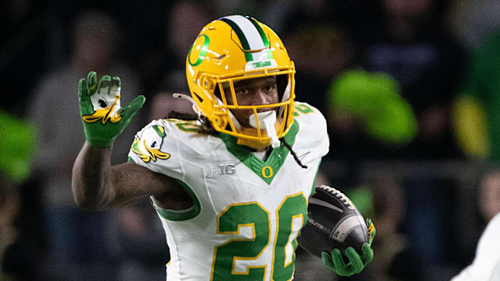 Oct 18, 2024; West Lafayette, Indiana, USA; Oregon Ducks running back Jordan James (20) runs the ball during the game against the Purdue Boilermakers at Ross-Ade Stadium. Mandatory Credit: Marc Lebryk-Imagn Images Oct 18, 2024; West Lafayette, Indiana, USA; Oregon Ducks running back Jordan James (20) runs the ball during the game against the Purdue Boilermakers at Ross-Ade Stadium. Mandatory Credit: Marc Lebryk-Imagn Images
