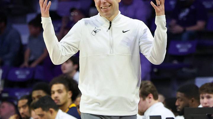 Mar 3, 2026; Manhattan, Kansas, USA; West Virginia Mountaineers head coach Ross Hodge reacts to a play during the second half against the Kansas State Wildcats at Bramlage Coliseum. Mandatory Credit: Scott Sewell-Imagn Images