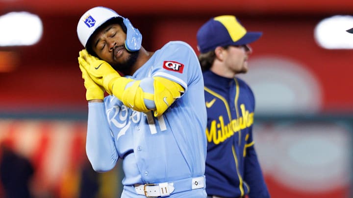 Apr 4, 2026; Kansas City, Missouri, USA; Kansas City Royals third baseman Maikel Garcia (11) reacts after hitting a double during the sixth inning against the Milwaukee Brewers at Kauffman Stadium. Mandatory Credit: William Purnell-Imagn Images