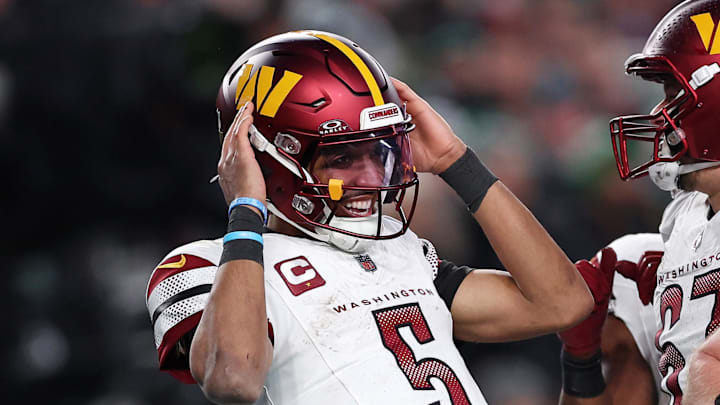 Jan 26, 2025; Philadelphia, PA, USA; Washington Commanders quarterback Jayden Daniels (5) celebrates after a play against the Philadelphia Eagles during the second half in the NFC Championship game at Lincoln Financial Field. Mandatory Credit: Bill Streicher-Imagn Images