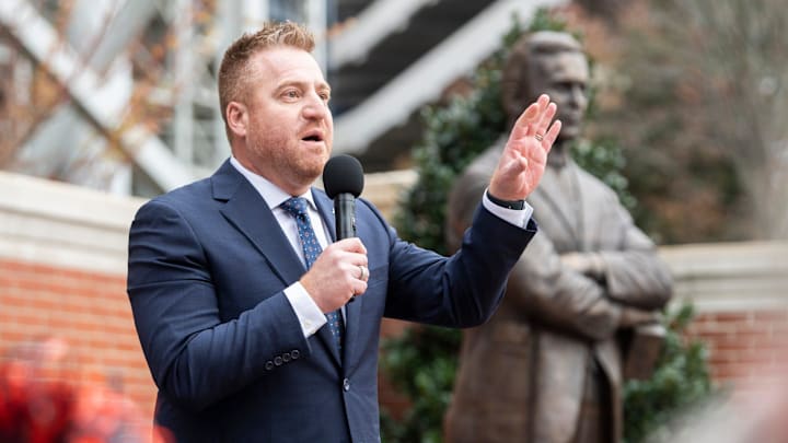 Auburn football head coach Alex Golesh speaks during his introductory Tiger Walk at Jordan-Hare Stadium in Auburn, Ala. on Monday, Dec. 1, 2025.