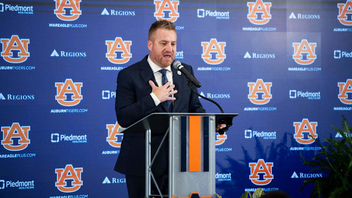 Auburn football head coach Alex Golesh speaks during his introductory press conference at Jordan-Hare Stadium in Auburn, Ala. on Monday, Dec. 1, 2025.