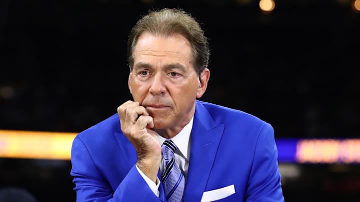 Alabama head coach Nick Saban on the ESPN set prior to the College Football Playoff national championship game Alabama head coach Nick Saban on the ESPN set prior to the College Football Playoff national championship game