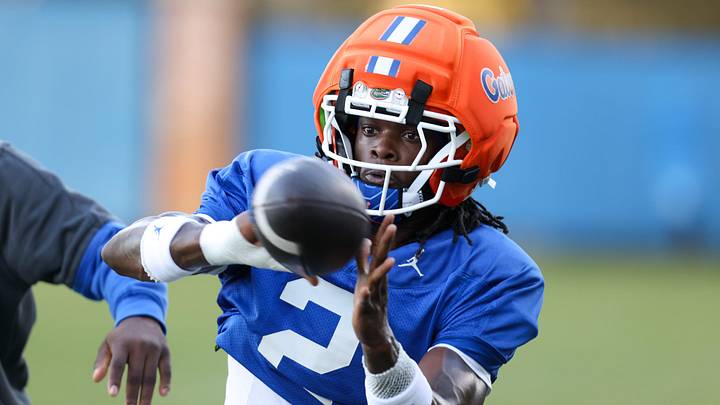 Florida wide receiver Eric Singleton Jr. (2) works on drills during UF spring practice at Sanders Practice Fields in Gainesville, FL on Tuesday, March 10, 2026. [Alan Youngblood/Gainesville Sun]