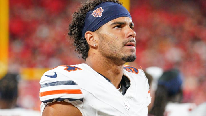 Chicago Bears defensive lineman Austin Booker (94) on the sidelines against the Kansas City Chiefs during the game at GEHA Field at Arrowhead Stadium.