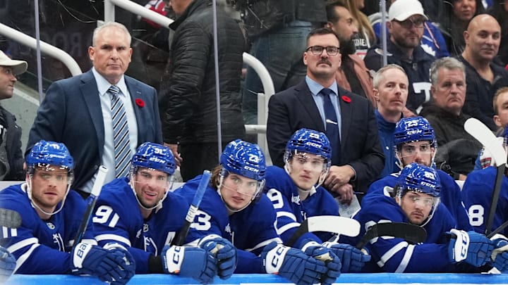 Nov 9, 2024; Toronto, Ontario, CAN; Toronto Maple Leafs head coach Craig Berube  watches the play against the Montreal Canadiens during the third period at Scotiabank Arena. Mandatory Credit: Nick Turchiaro-Imagn Images