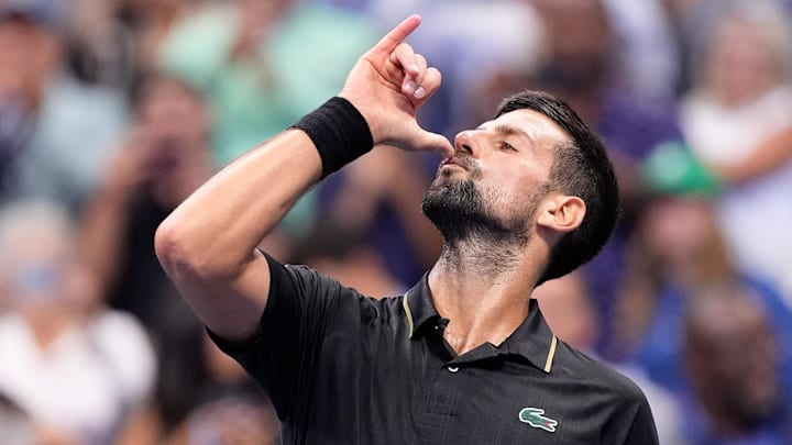 Sep 2, 2025; Novak Djokovic (SRB) dances after defeating Taylor Fritz in the 2025 US Open.