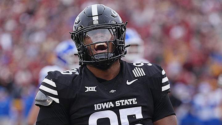 Iowa State Cyclones' defensive line Domonique Orange (95) celebrates after a stop BYU offense during the first quarter at Jack Trice Stadium on Oct. 25, 2025, in Ames, Iowa.