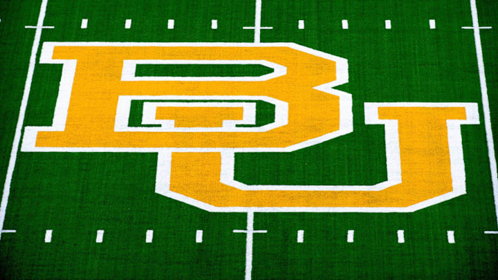 Sep 6, 2014; Waco, TX, USA; A view of midfield and the Baylor university logo before the game between the Baylor Bears and the Northwestern State Demons at McLane Stadium. The start of the game is under weather delay due to lightning. Mandatory Credit: Jerome Miron-Imagn Images