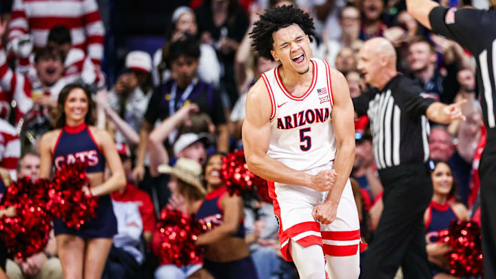 Feb 7, 2026; Tucson, Arizona, USA; Arizona Wildcats guard Brayden Burries (5) celebrates during the first half of the game against the Oklahoma State Cowboys at McKale Memorial Center. Mandatory Credit: Aryanna Frank-Imagn Images