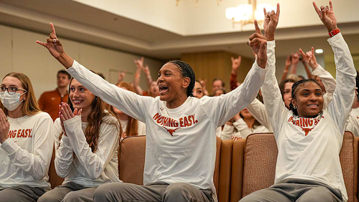 Texas Longhorns forward Madison Booker, left, and guard Rori Harmon, right, react as Texas is awarded a number one seed in the NCAA tournament bracket at the University of Texas Club at Darrell K. Royal-Texas Memorial Stadium on Sunday, March 16, 2025 in Austin. Texas Longhorns forward Madison Booker, left, and guard Rori Harmon, right, react as Texas is awarded a number one seed in the NCAA tournament bracket at the University of Texas Club at Darrell K. Royal-Texas Memorial Stadium on Sunday, March 16, 2025 in Austin.