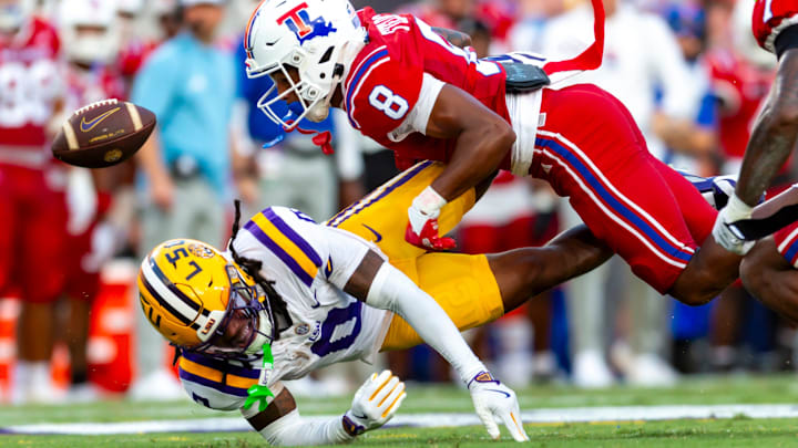 Jacob Fields 8 breaks up a pass intended for Reciever Zavion Thomas 0, LSU Tigers take on the Louisiana Tech. Sept 6, 2025; Baton Rouge, Louisiana, USA; at Tiger Stadium.