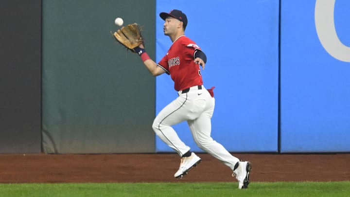 Sep 11, 2025; Cleveland, Ohio, USA; Cleveland Guardians left fielder Steven Kwan (38) makes a running catch in the seventh inning against the Kansas City Royals at Progressive Field. Mandatory Credit: David Richard-Imagn Images