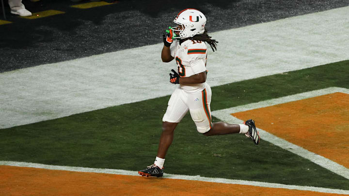 Miami Hurricanes wide receiver Malachi Toney (10) celebrates after scoring a touchdown against the Indiana Hoosiers Miami Hurricanes wide receiver Malachi Toney (10) celebrates after scoring a touchdown against the Indiana Hoosiers