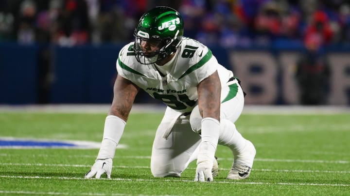 Jan 9, 2022; Orchard Park, New York, USA; New York Jets defensive end John Franklin-Myers (91) against the Buffalo Bills during the second half at Highmark Stadium. Mandatory Credit: Rich Barnes-USA TODAY Sports