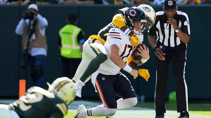 Green Bay Packers safety Xavier McKinney (29) tackles Chicago Bears quarterback Tyson Bagent (17) on Oct. 11, 2026, at Lambeau Field in Green Bay, Wis. The Packers defeated the Bears 31-7. Green Bay Packers safety Xavier McKinney (29) tackles Chicago Bears quarterback Tyson Bagent (17) on Oct. 11, 2026, at Lambeau Field in Green Bay, Wis. The Packers defeated the Bears 31-7.