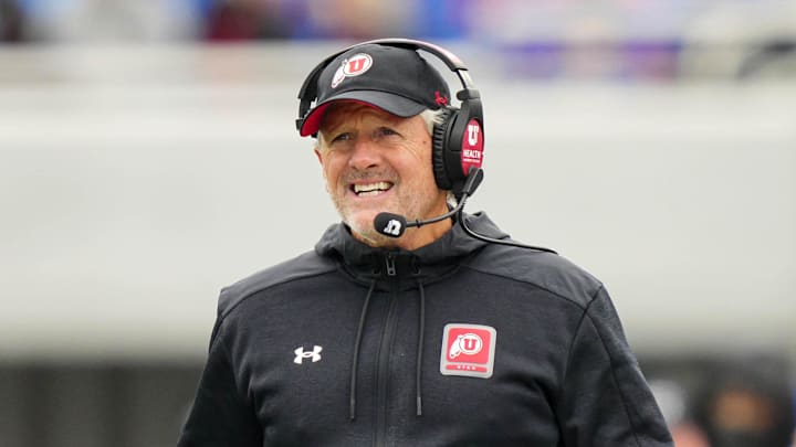 Utah Utes head coach Kyle Whittingham reacts during the second half against the Kansas Jayhawks at David Booth Kansas Memorial Stadium.
