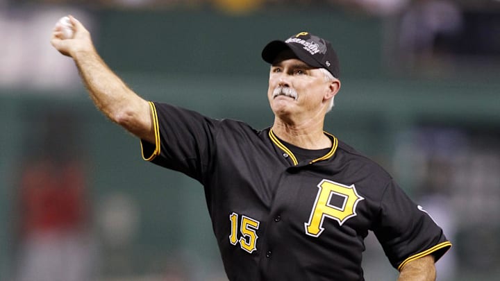 Oct 1, 2013; Pittsburgh, PA, USA; Pittsburgh Pirates former pitcher Doug Drabek throws out the ceremonial first pitch before National League wild card playoff baseball game against the Cincinnati Reds at PNC Park. Mandatory Credit: Charles LeClaire-Imagn Images