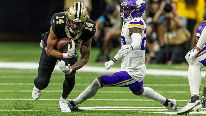 Oct 11, 2026; New Orleans, Louisiana, USA; New Orleans Saints wide receiver Devaughn Vele (14) runs against Minnesota Vikings during the second half at Caesars Superdome. Mandatory Credit: Stephen Lew-Imagn Images Oct 11, 2026; New Orleans, Louisiana, USA; New Orleans Saints wide receiver Devaughn Vele (14) runs against Minnesota Vikings during the second half at Caesars Superdome. Mandatory Credit: Stephen Lew-Imagn Images